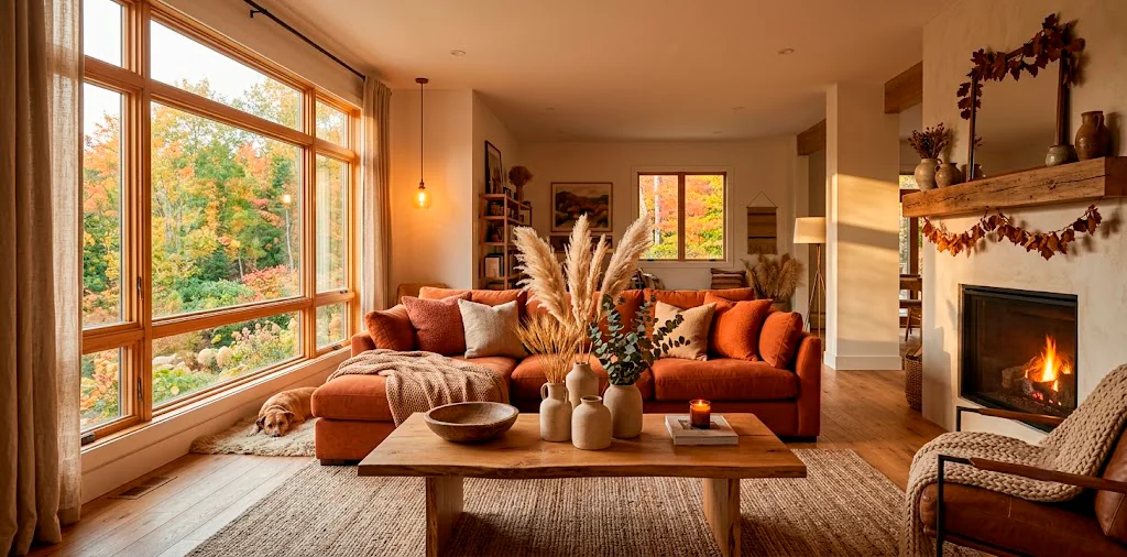 Cozy fall living room interior featuring warm terracotta sofa, earthy decor accents, and dried floral arrangements.