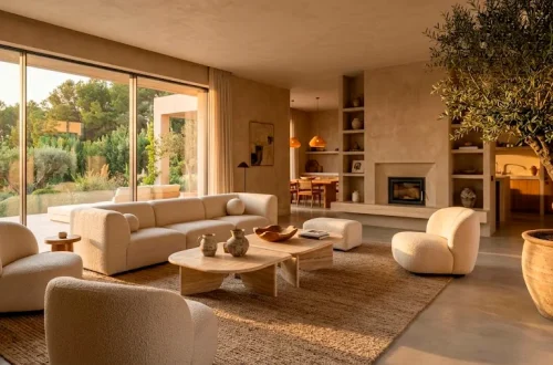 Serene organic modern 2026 living room featuring low profile seating, travertine tables, and warm plaster walls.