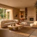 Serene organic modern 2026 living room featuring low profile seating, travertine tables, and warm plaster walls.