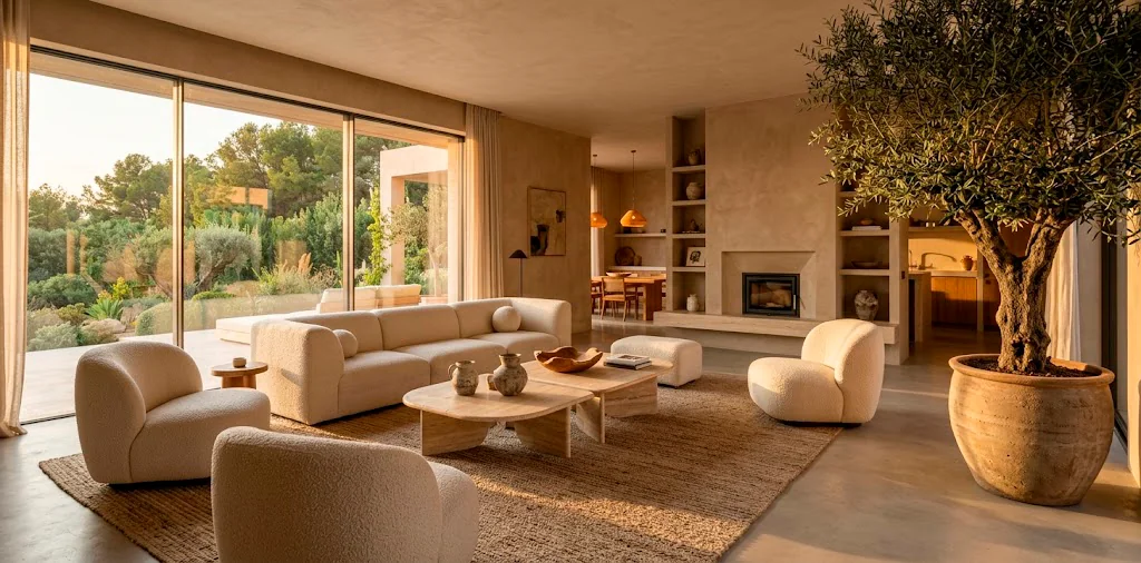Serene organic modern 2026 living room featuring low profile seating, travertine tables, and warm plaster walls.