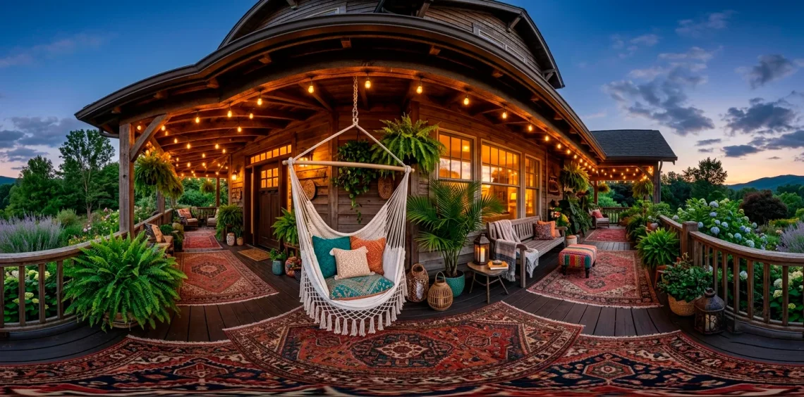 Wide bohemian wrap-around porch featuring a white macrame hanging hammock, layered vintage rugs, and lush potted plants.