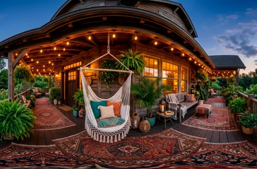Wide bohemian wrap-around porch featuring a white macrame hanging hammock, layered vintage rugs, and lush potted plants.