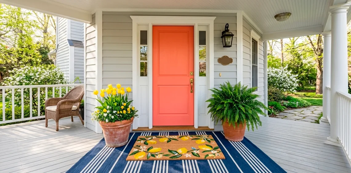 Beautifully styled spring porch featuring a layered navy striped rug and yellow lemon coir mat in front of a coral door