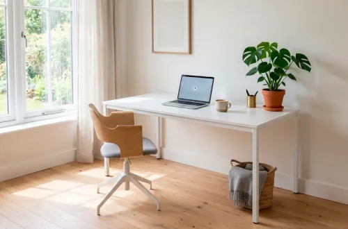 Sleek minimalist white desk in a bright, compact home office featuring a laptop, plant, and soft natural lighting.