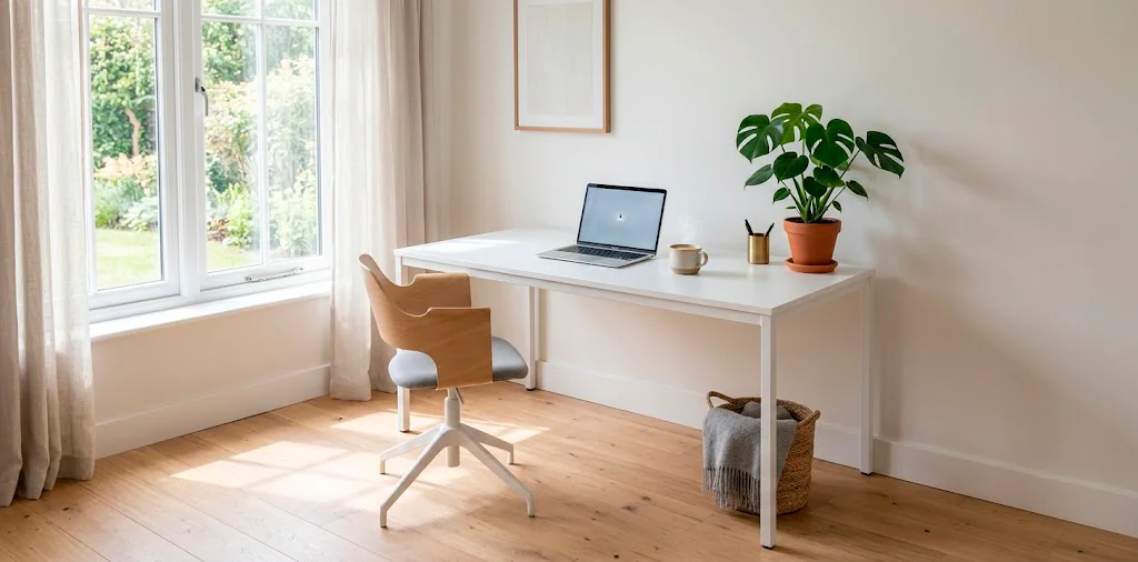 Sleek minimalist white desk in a bright, compact home office featuring a laptop, plant, and soft natural lighting.