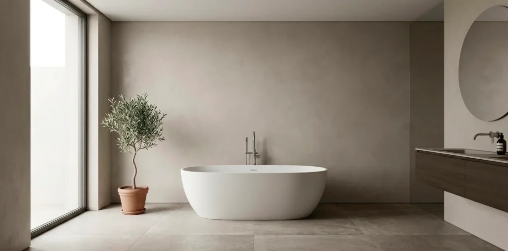Wide view of a serene minimalist bathroom featuring a warm greige monochromatic color scheme and a freestanding tub.