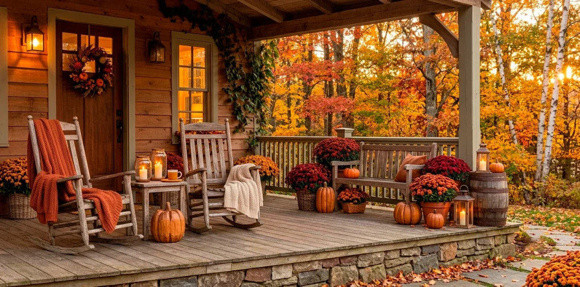 Beautiful farmhouse fall porch decorating ideas featuring rustic reclaimed wood accents and warm autumn colors.