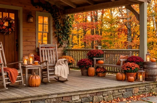 Beautiful farmhouse fall porch decorating ideas featuring rustic reclaimed wood accents and warm autumn colors.
