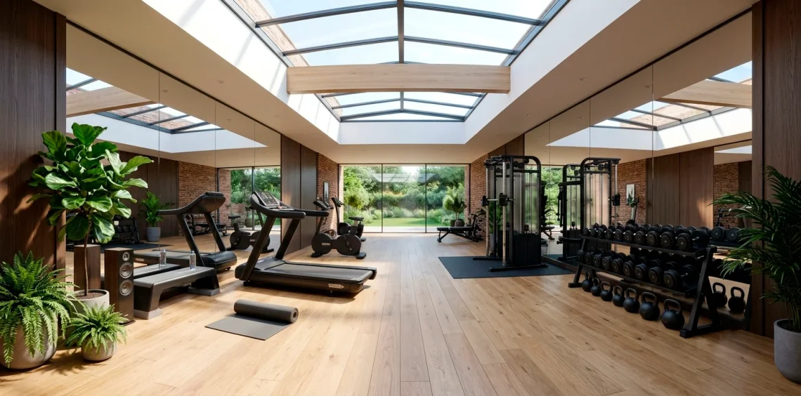 Modern home gym illuminated by bright natural light from large ceiling skylights over workout equipment