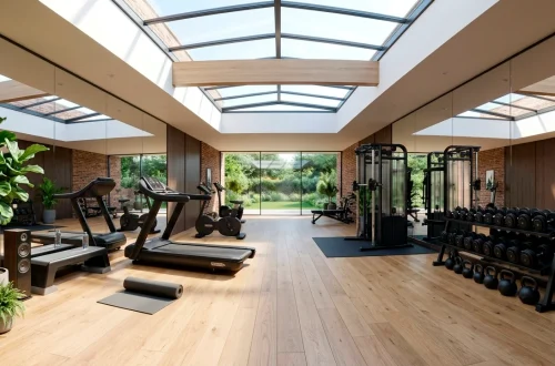 Modern home gym illuminated by bright natural light from large ceiling skylights over workout equipment