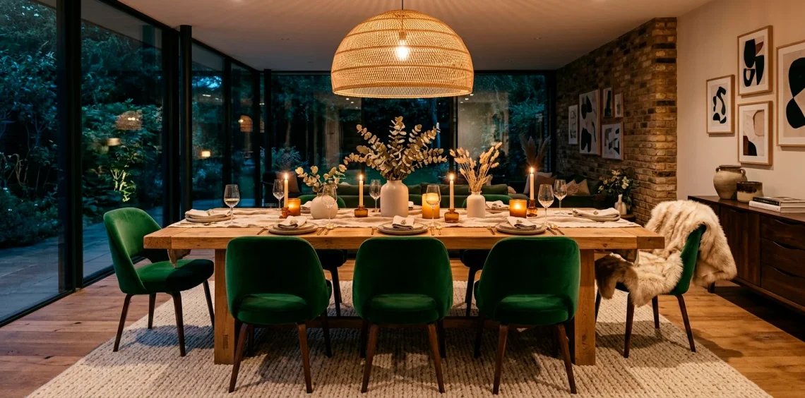Cozy modern dining room layered with soft textures like velvet chairs and a chunky rug