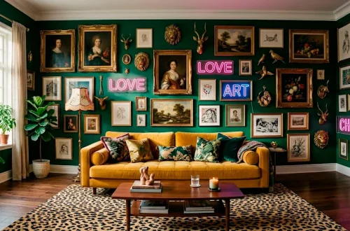 Maximalist living room featuring an emerald green gallery wall with mixed frames, neon art, and a yellow velvet sofa.