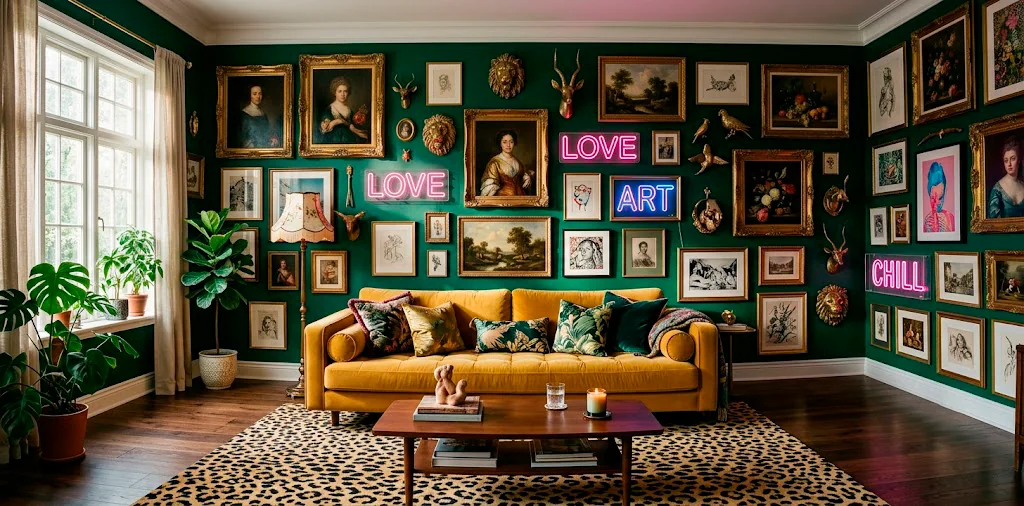 Maximalist living room featuring an emerald green gallery wall with mixed frames, neon art, and a yellow velvet sofa.