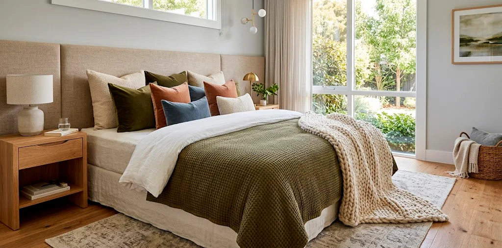 A perfectly layered modern bed featuring linen sheets, a folded white duvet, an olive-green quilt, and a chunky knit throw blanket.