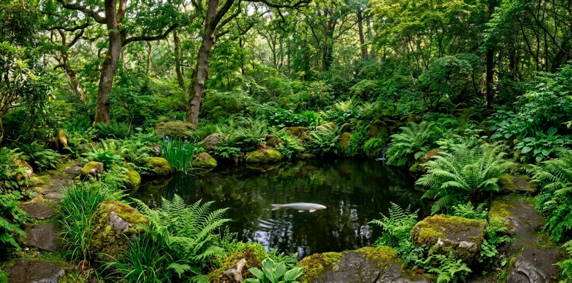 A serene shaded woodland fish pond surrounded by deep green ferns and mossy rocks.