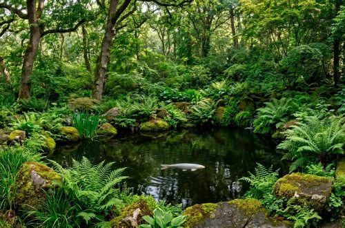 A serene shaded woodland fish pond surrounded by deep green ferns and mossy rocks.