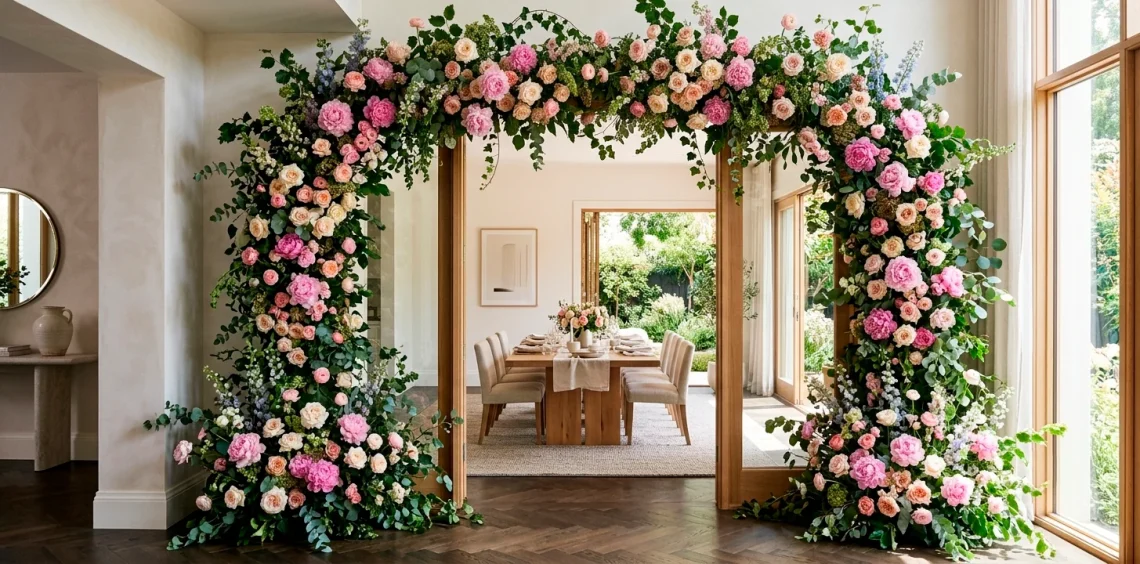 Wide horizontal view of a stunning Mother's Day statement floral installation framing a modern home entryway.