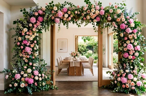 Wide horizontal view of a stunning Mother's Day statement floral installation framing a modern home entryway.