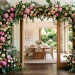 Wide horizontal view of a stunning Mother's Day statement floral installation framing a modern home entryway.