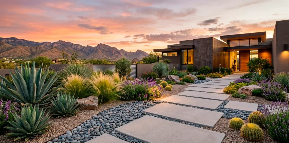 A modern sustainable xeriscape front yard featuring drought-tolerant plants and decorative rocks at sunset.