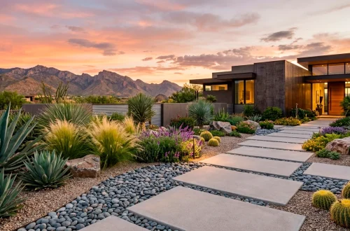 A modern sustainable xeriscape front yard featuring drought-tolerant plants and decorative rocks at sunset.