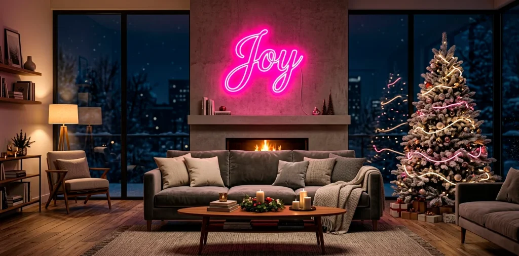 Modern living room decorated for the holidays featuring a glowing pink neon sign and neon-lit Christmas tree