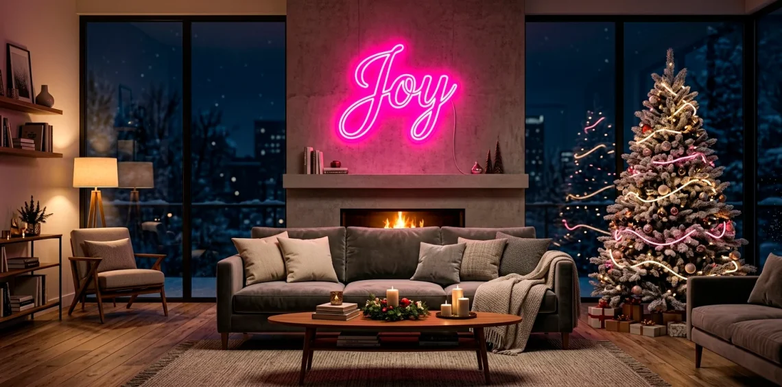 Modern living room decorated for the holidays featuring a glowing pink neon sign and neon-lit Christmas tree