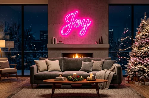 Modern living room decorated for the holidays featuring a glowing pink neon sign and neon-lit Christmas tree