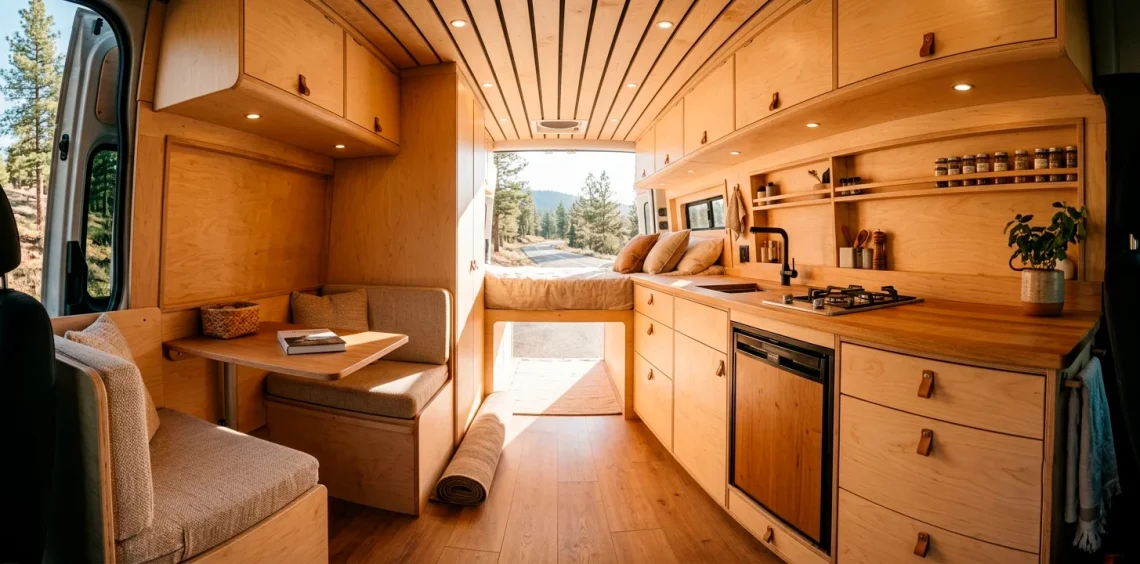 Custom wooden cabinetry inside a modern sprinter van conversion with open rear doors.