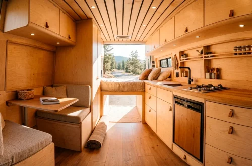 Custom wooden cabinetry inside a modern sprinter van conversion with open rear doors.