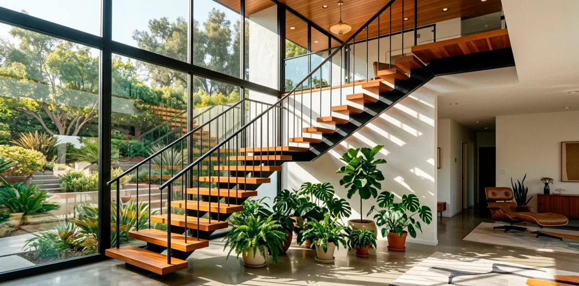 Wide view of a mid-century modern staircase featuring floating teak treads and black steel stringers.