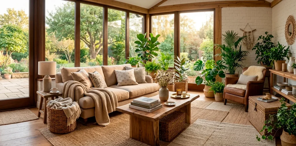 Beautifully styled sunroom with layered textiles, natural fiber rugs, and potted plants in soft sunlight.