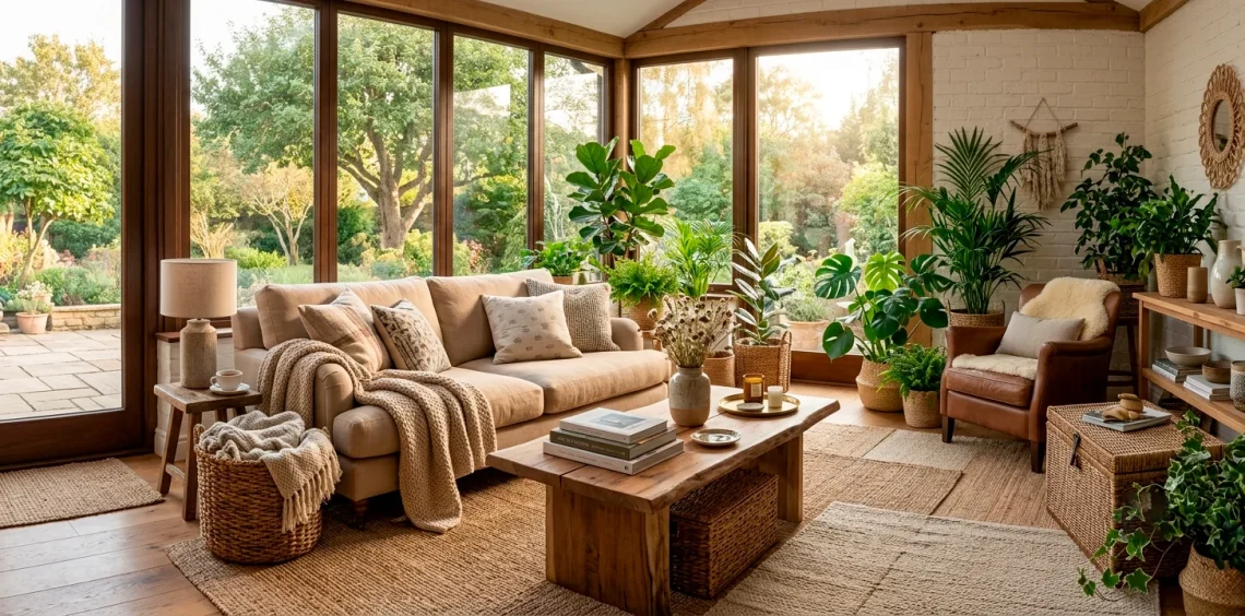 Beautifully styled sunroom with layered textiles, natural fiber rugs, and potted plants in soft sunlight.
