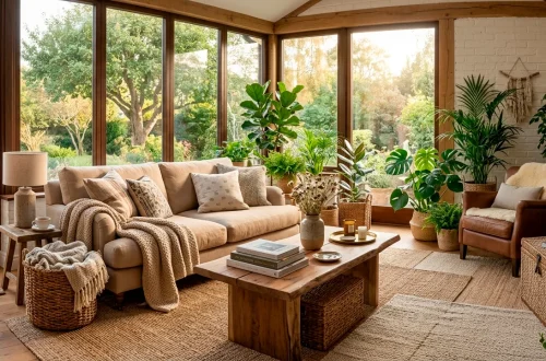 Beautifully styled sunroom with layered textiles, natural fiber rugs, and potted plants in soft sunlight.