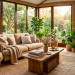 Beautifully styled sunroom with layered textiles, natural fiber rugs, and potted plants in soft sunlight.
