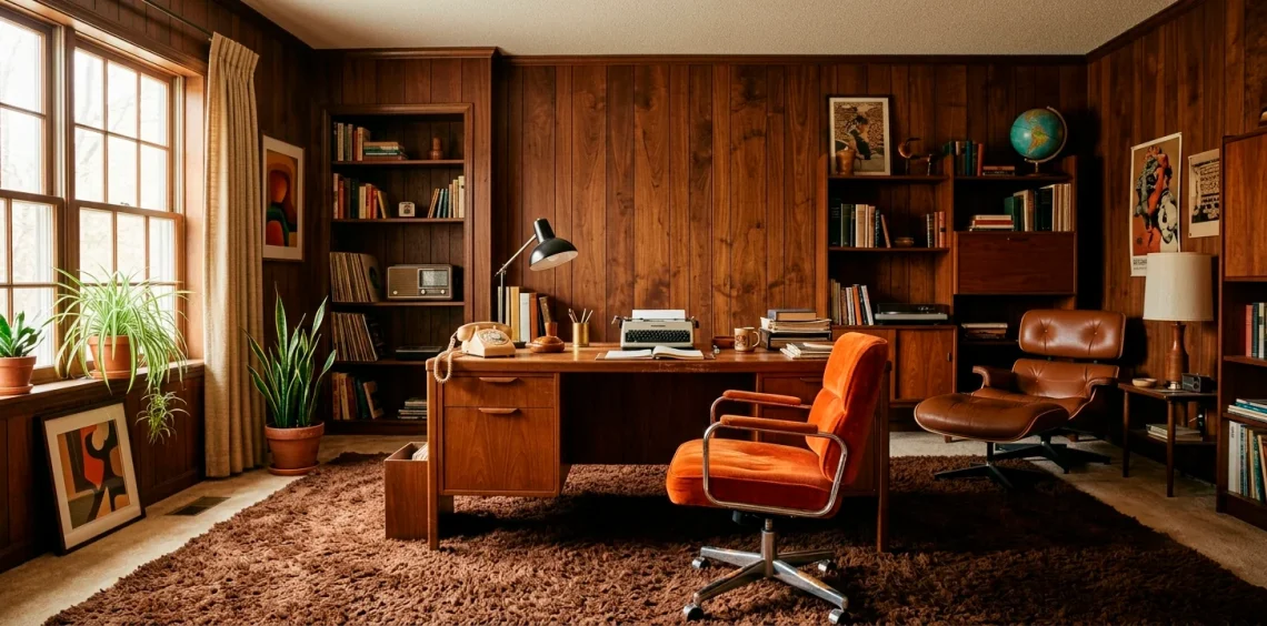 A highly realistic retro 70s home office featuring a teak desk, orange velvet chair, and walnut wood paneling.