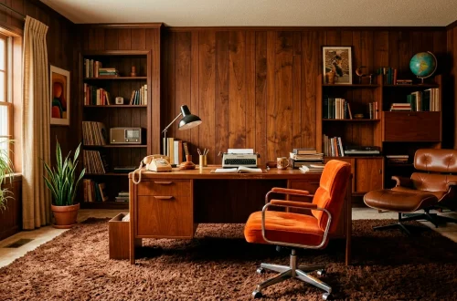 A highly realistic retro 70s home office featuring a teak desk, orange velvet chair, and walnut wood paneling.
