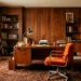 A highly realistic retro 70s home office featuring a teak desk, orange velvet chair, and walnut wood paneling.