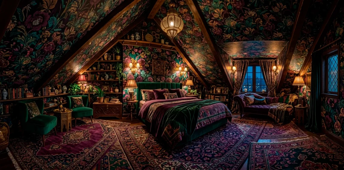Cozy moody maximalist attic bedroom with dark floral wallpaper on slanted ceilings and layered vintage rugs.