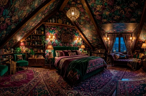 Cozy moody maximalist attic bedroom with dark floral wallpaper on slanted ceilings and layered vintage rugs.