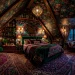 Cozy moody maximalist attic bedroom with dark floral wallpaper on slanted ceilings and layered vintage rugs.