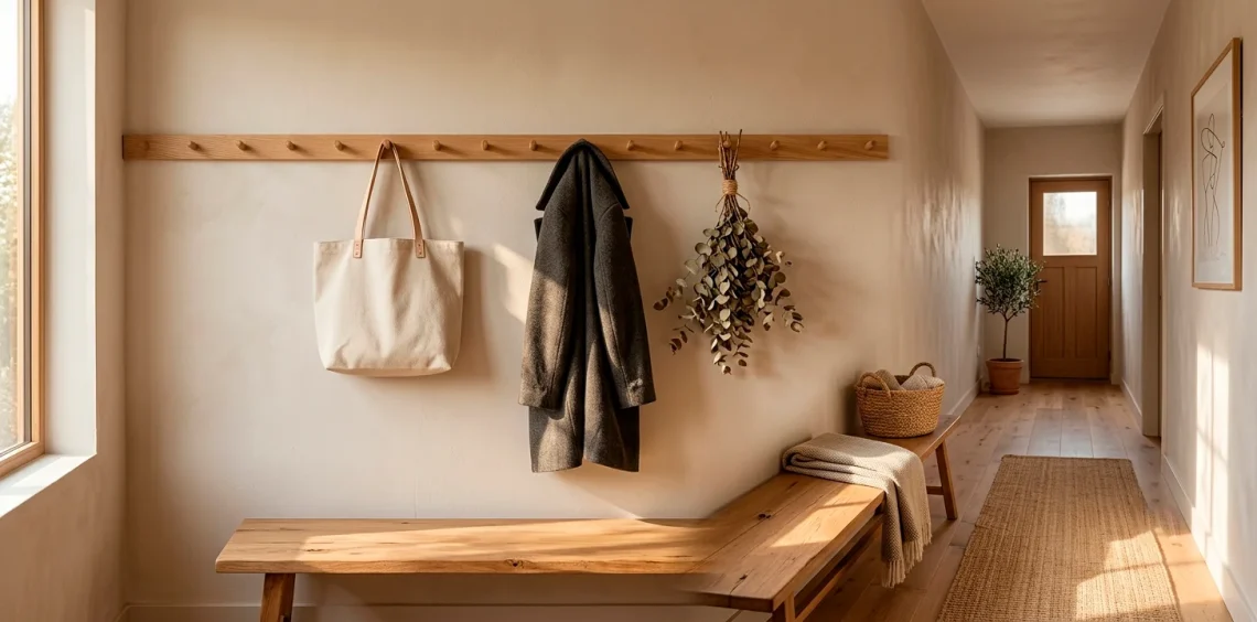 Beautifully styled narrow hallway featuring a long wooden peg rail with a wool coat and canvas bag.