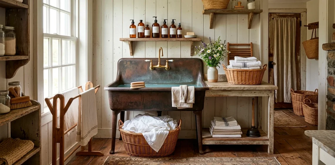 Restored vintage cast iron utility sink in a sunlit farmhouse laundry room styled with fresh white linens.