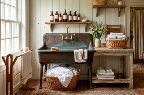 Restored vintage cast iron utility sink in a sunlit farmhouse laundry room styled with fresh white linens.