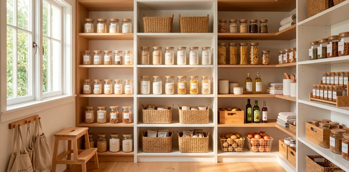 Beautifully organized minimalist kitchen pantry with clear glass jars and bright white shelving.