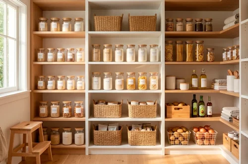 Beautifully organized minimalist kitchen pantry with clear glass jars and bright white shelving.
