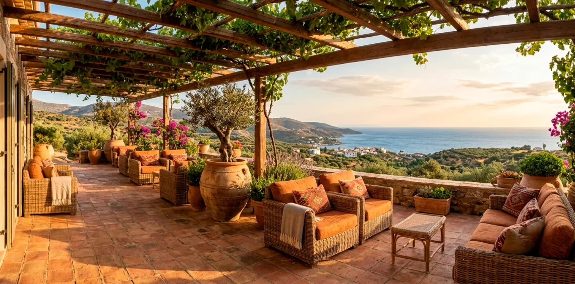 Sun-drenched Mediterranean porch featuring rustic terracotta floor tiles, oversized clay planters, and cozy rattan seating.