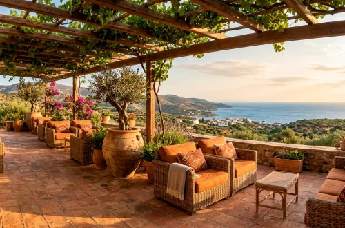 Sun-drenched Mediterranean porch featuring rustic terracotta floor tiles, oversized clay planters, and cozy rattan seating.