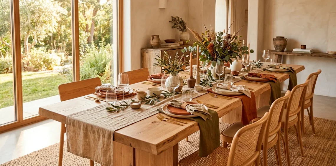Beautifully styled organic modern tablescape with linen runner and matte ceramics