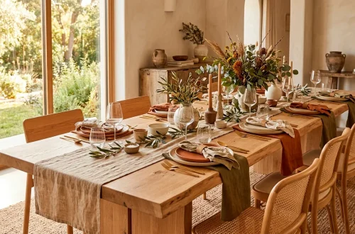 Beautifully styled organic modern tablescape with linen runner and matte ceramics
